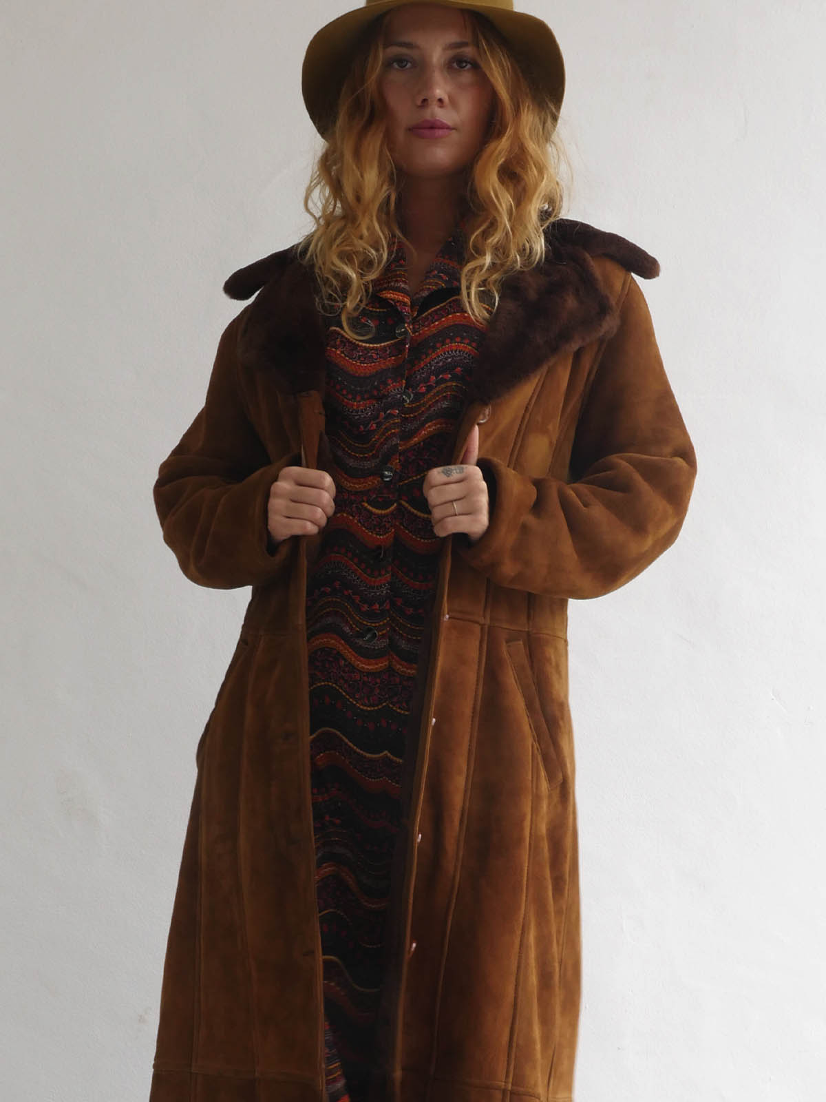 Vintage Long Brown Suede and Faux Fur Coat 