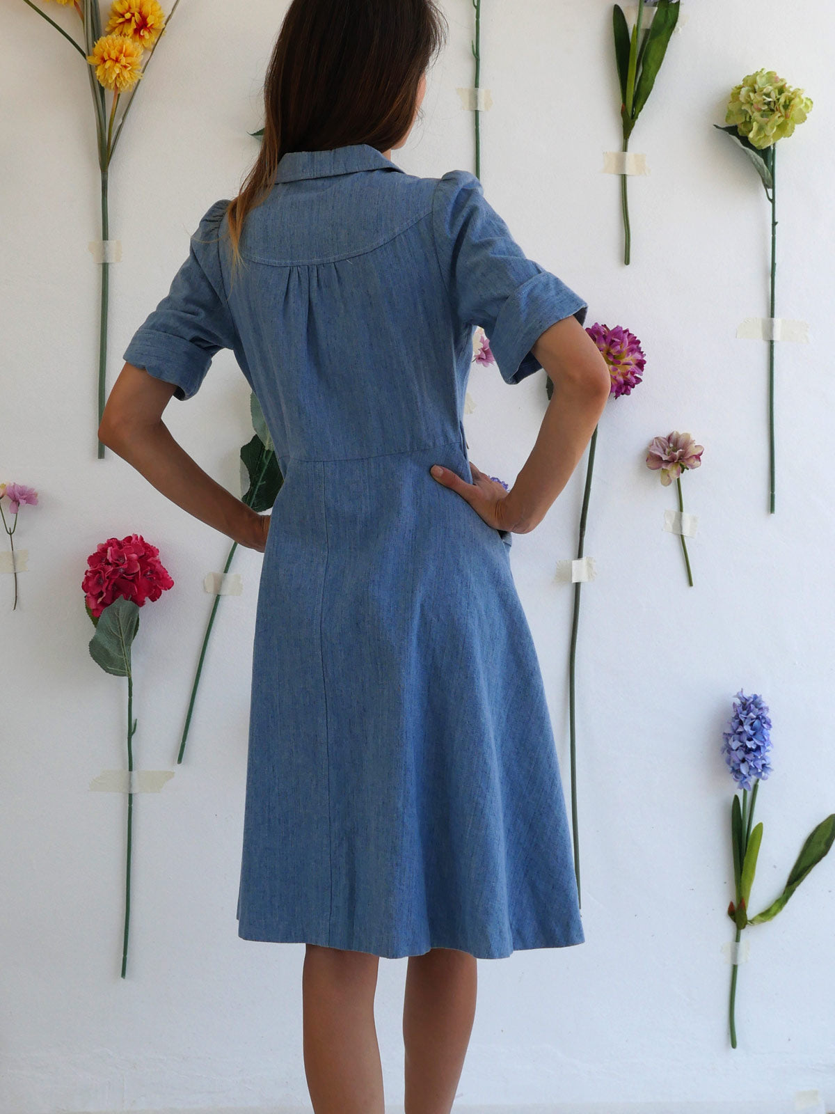 Light Denim A-Line Dress with Buttons and Puff Sleeves