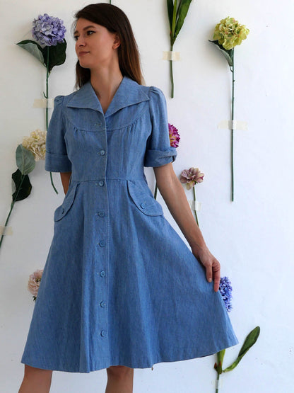 Light Denim A-Line Dress with Buttons and Puff Sleeves