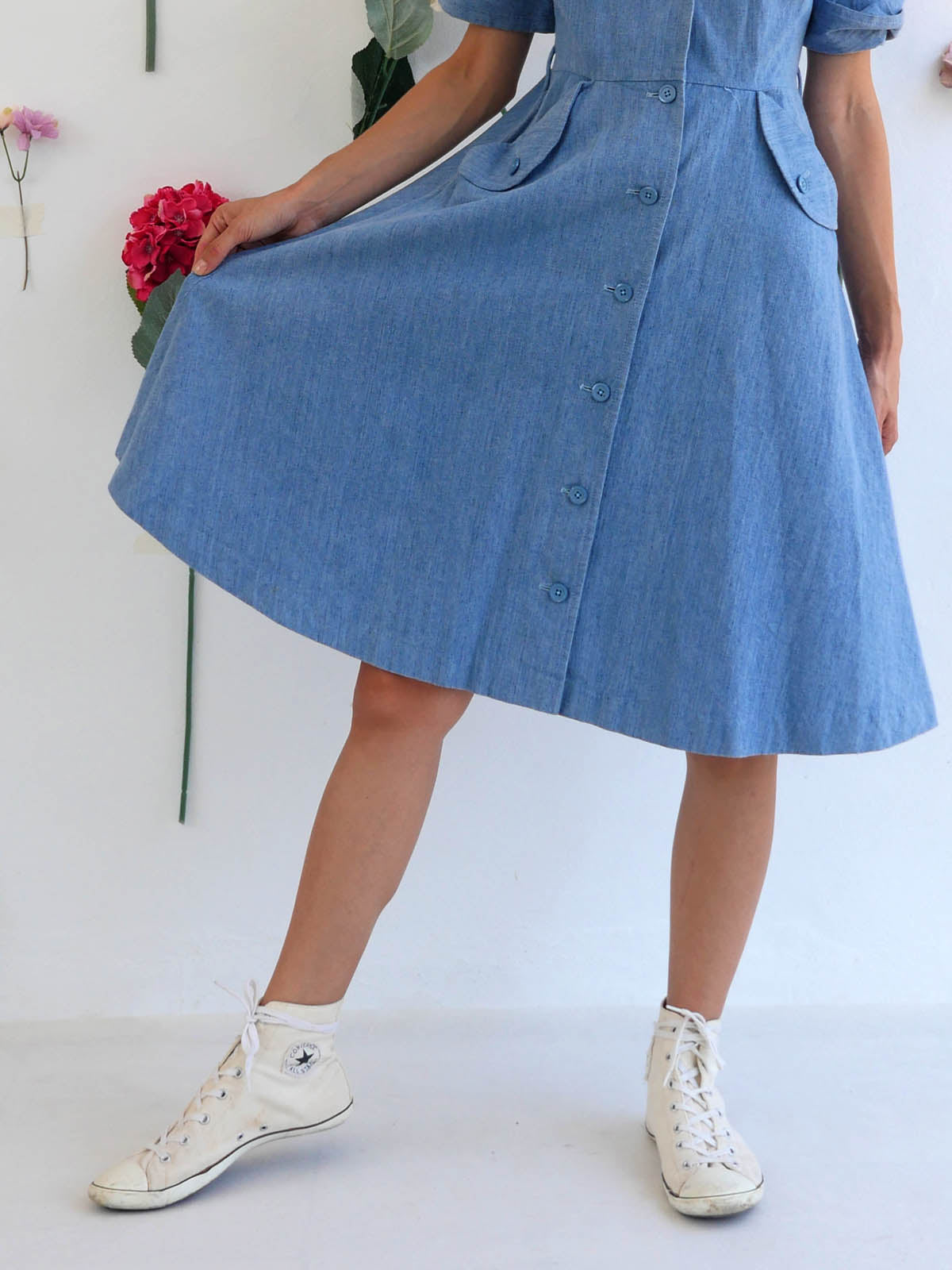 Detail of Skirt  of Light Denim A-Line Dress