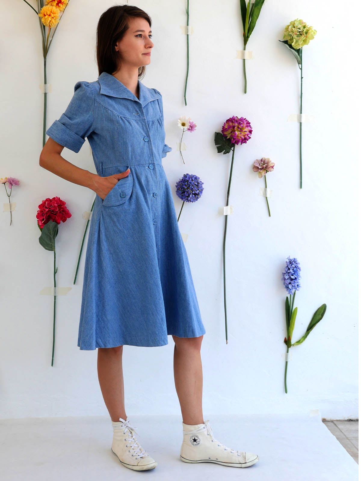 Light Denim A-Line Dress with Buttons and Puff Sleeves