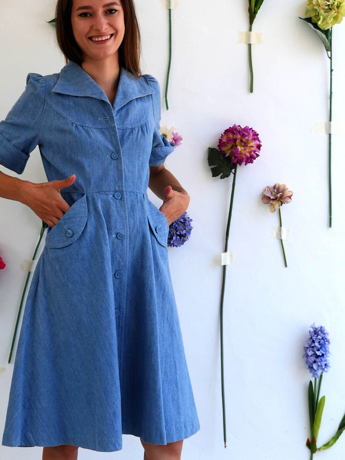 Light Denim A-Line Dress with Buttons and Puff Sleeves