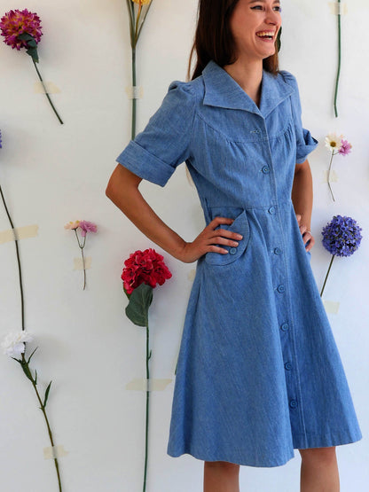 Light Denim A-Line Dress with Buttons and Puff Sleeves