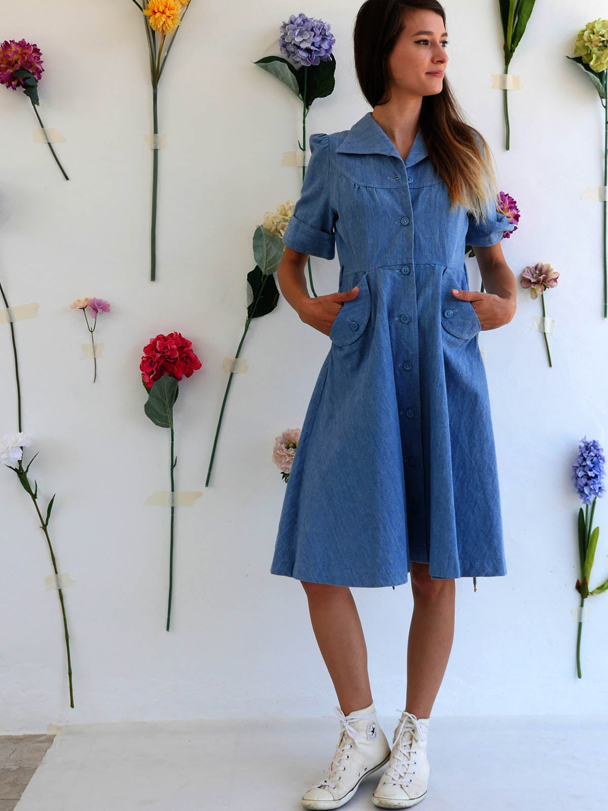 Light Denim A-Line Dress with Buttons and Puff Sleeves