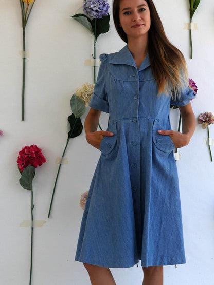 Light Denim A-Line Dress with Buttons and Puff Sleeves