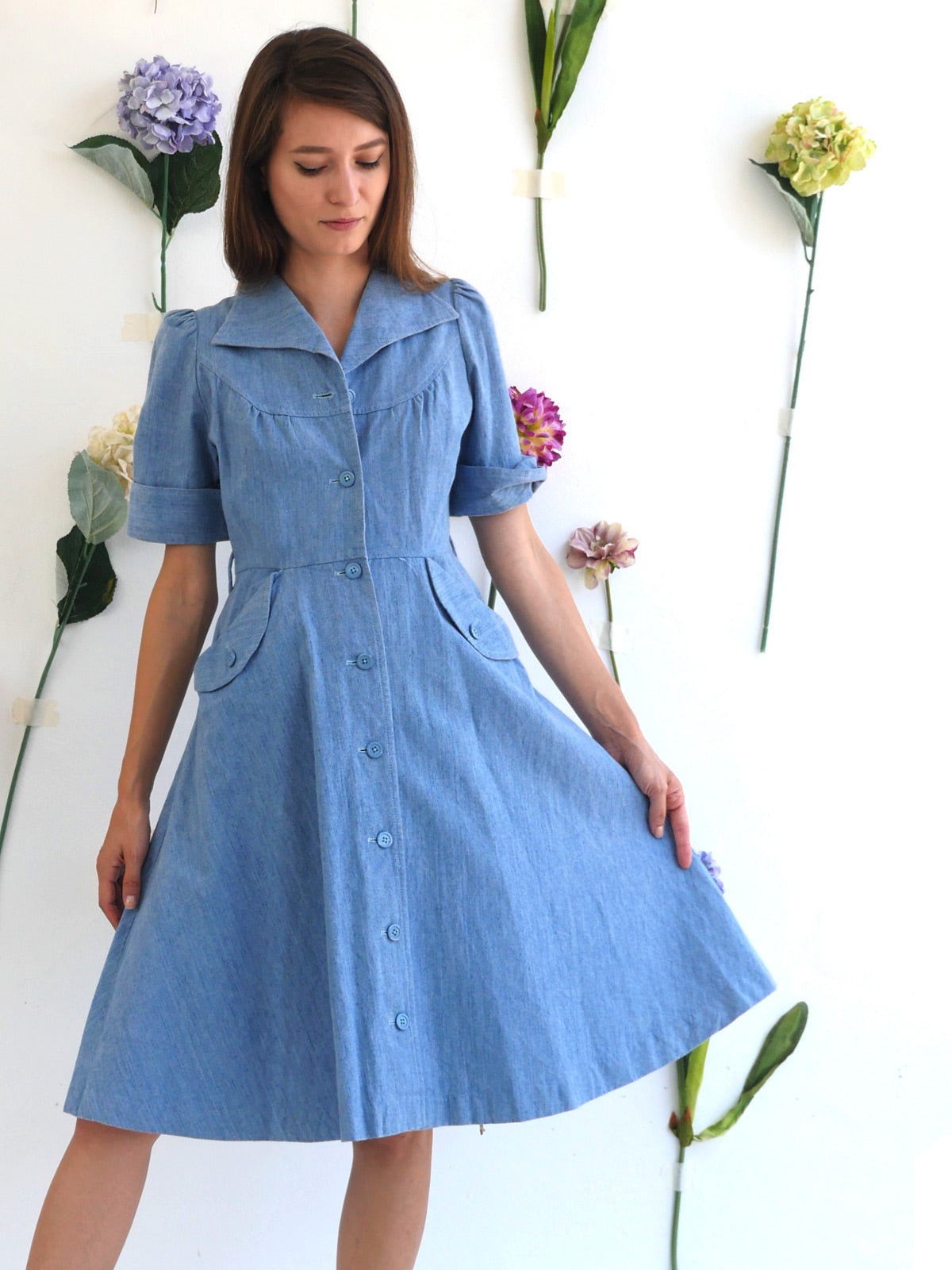 Light Denim A-Line Dress with Buttons and Puff Sleeves