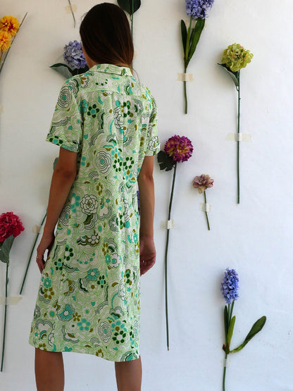 60s Short Floral Dress in Light Green Color