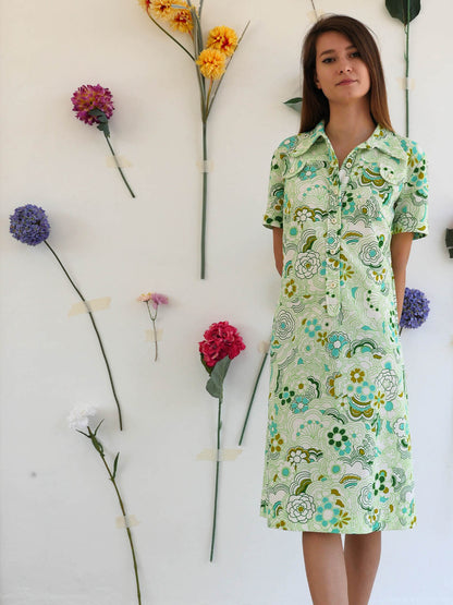 60s Short Floral Dress in Light Green Color