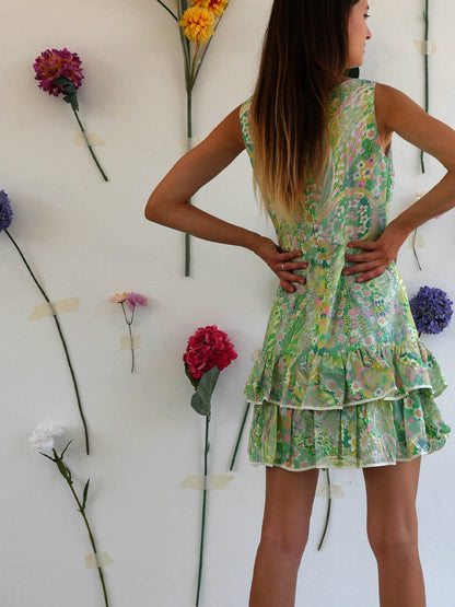 Light Green Floral Mini Vintage Dress with Ruffled Tiered Skirt