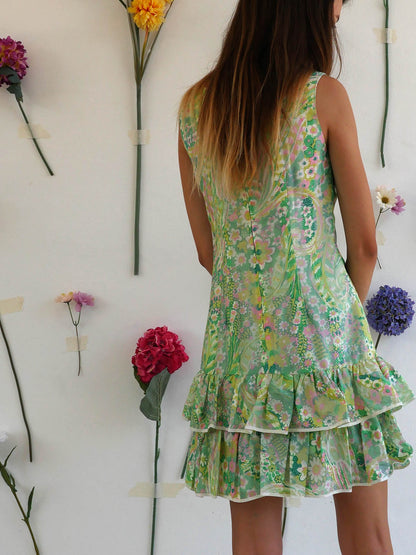 Light Green Floral Mini Vintage Dress with Ruffled Tiered Skirt