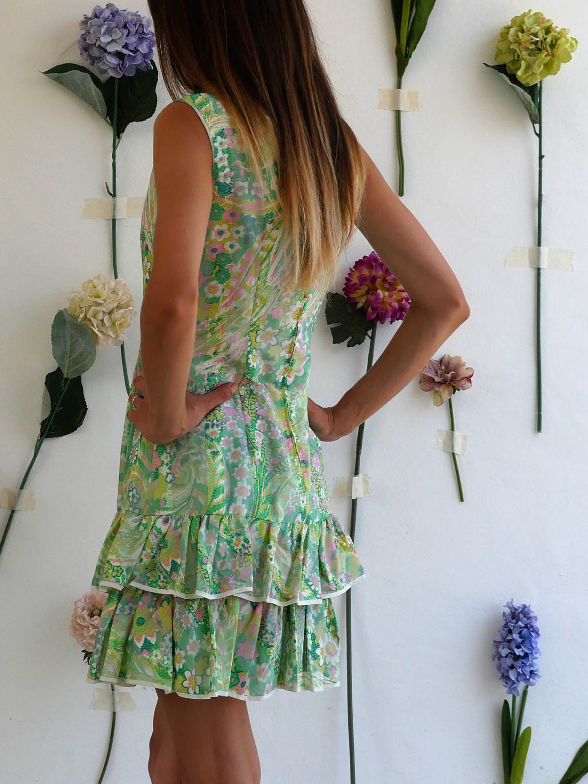 Light Green Floral Mini Vintage Dress with Ruffled Tiered Skirt