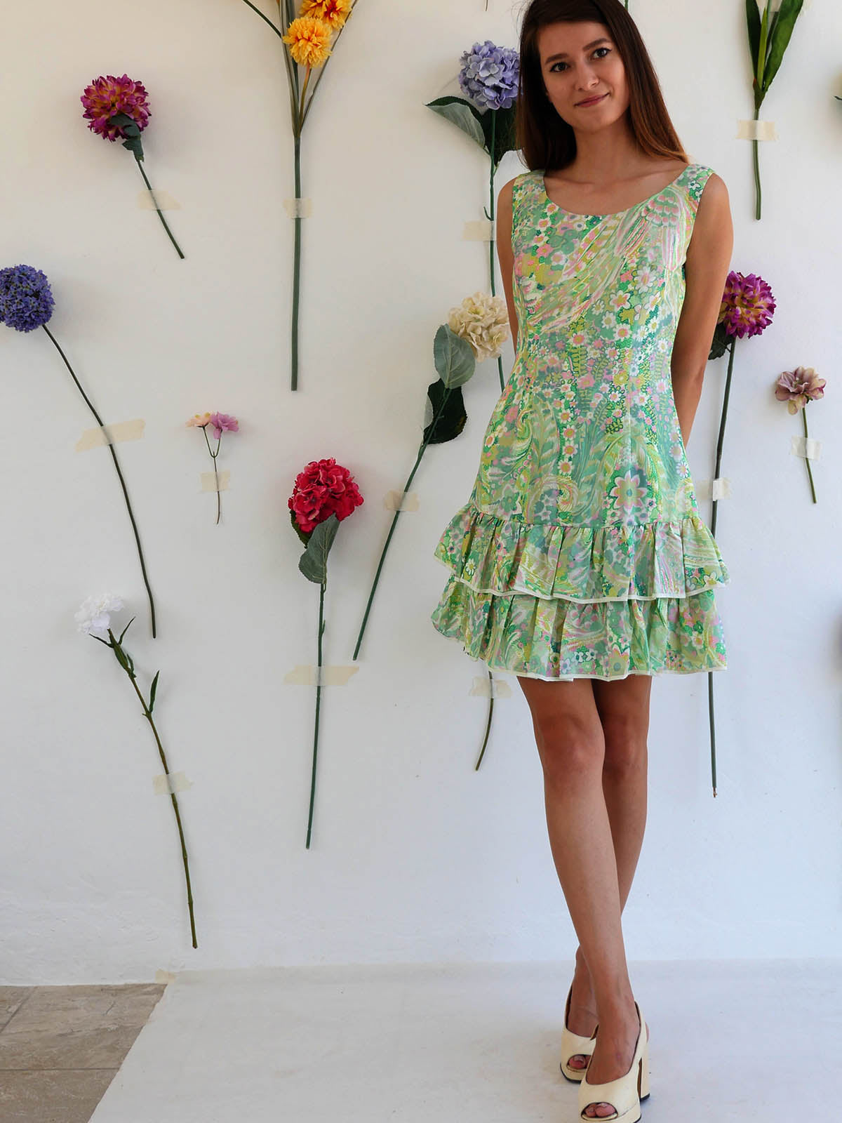 Light Green Floral Mini Vintage Dress with Ruffled Tiered Skirt