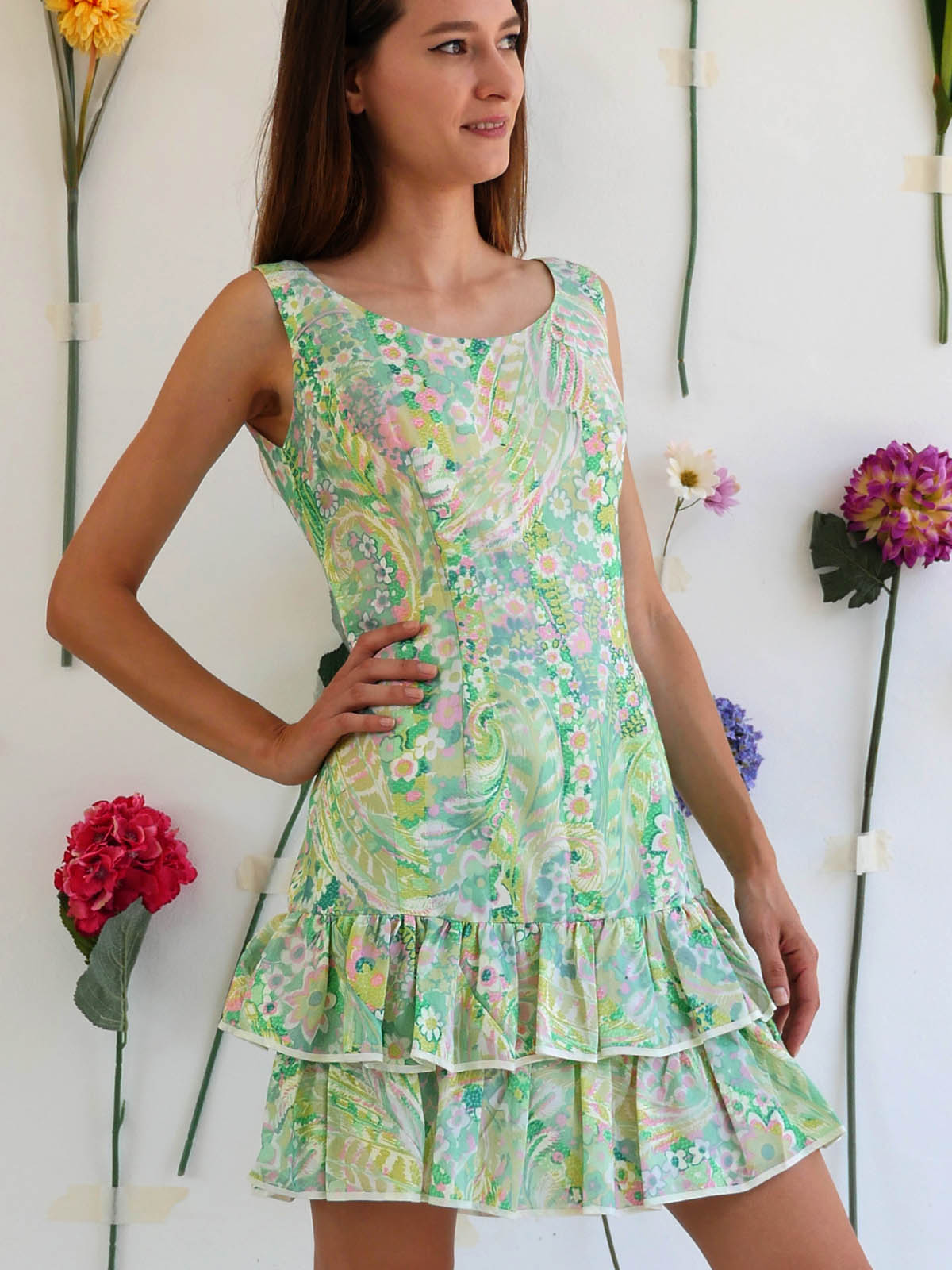 Light Green Floral Mini Vintage Dress with Ruffled Tiered Skirt