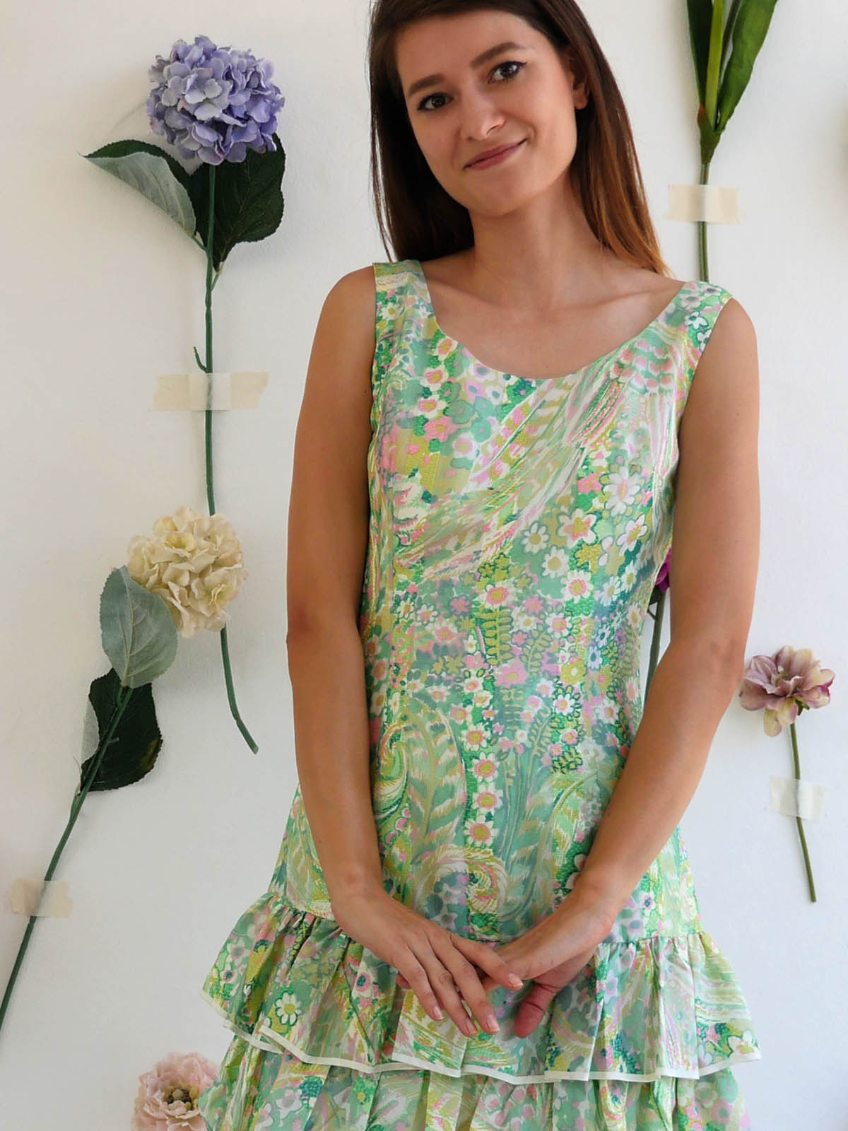 Light Green Floral Mini Vintage Dress with Ruffled Tiered Skirt