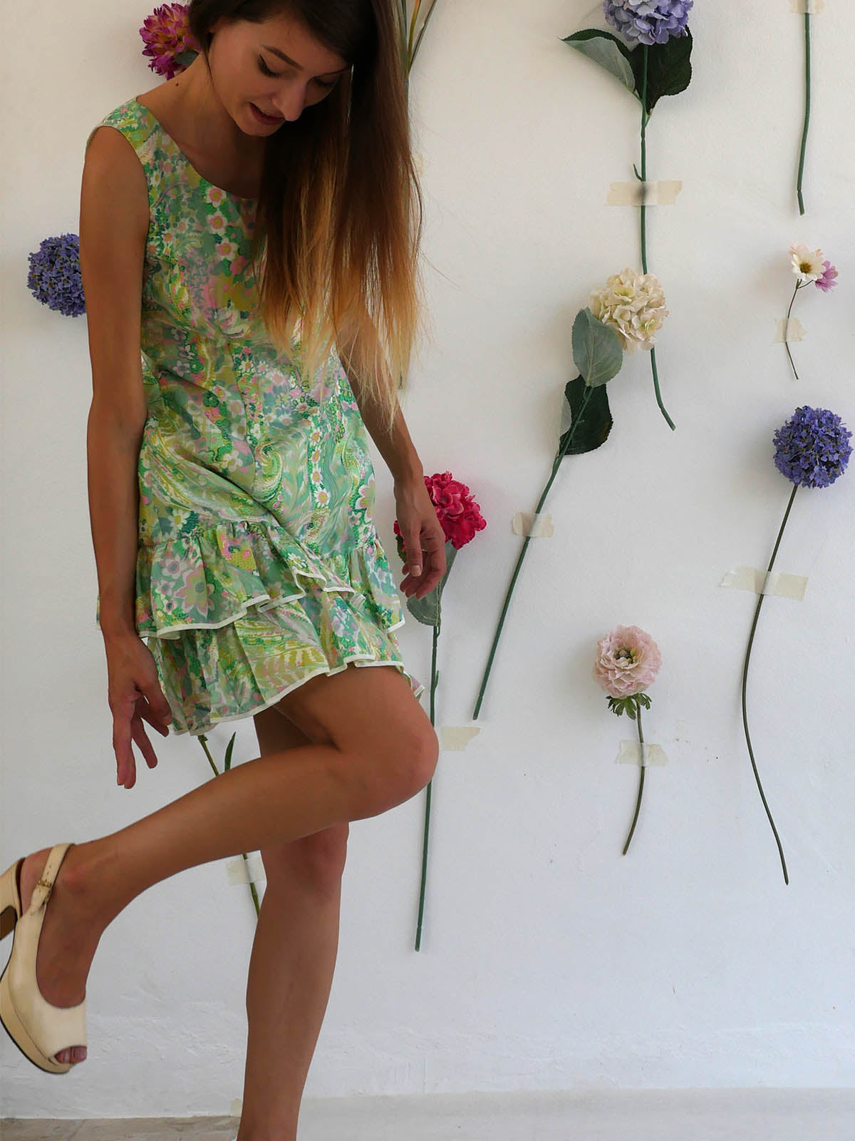 Light Green Floral Mini Vintage Dress with Ruffled Tiered Skirt