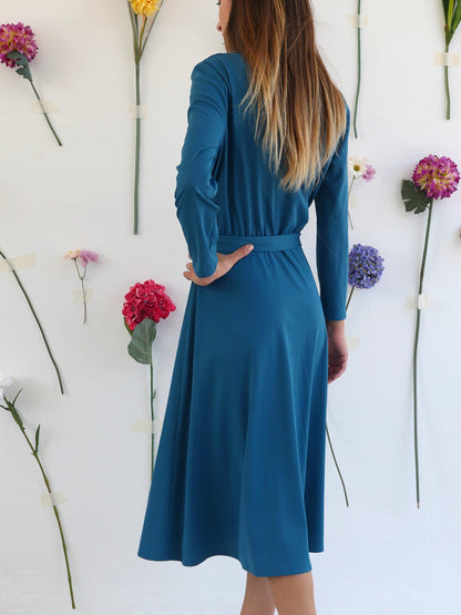 Feminine Blue Dress with Cowl Neckline and Flowy Skirt