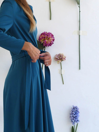 Feminine Blue Dress with Cowl Neckline and Flowy Skirt