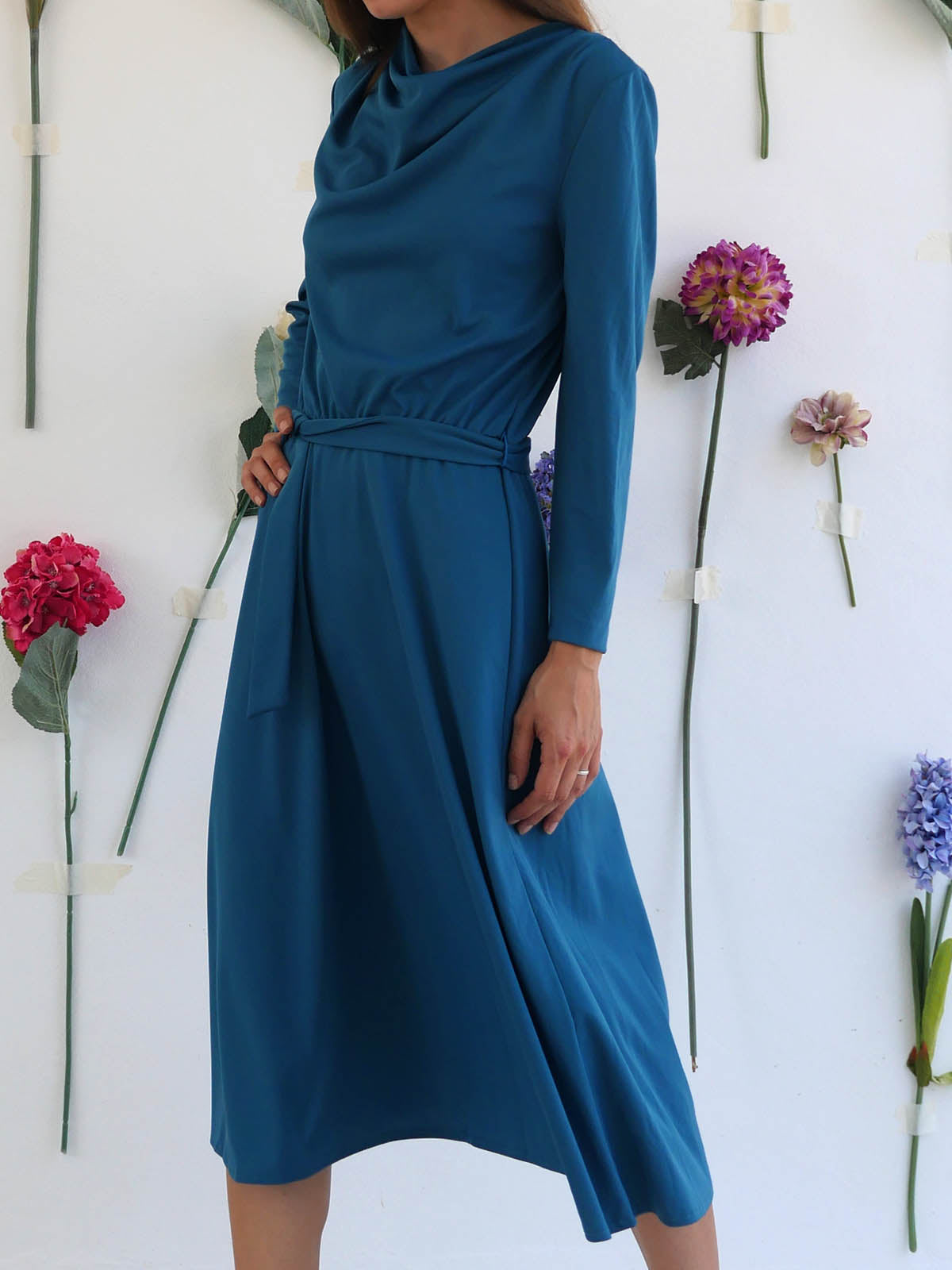 Feminine Blue Dress with Cowl Neckline and Flowy Skirt