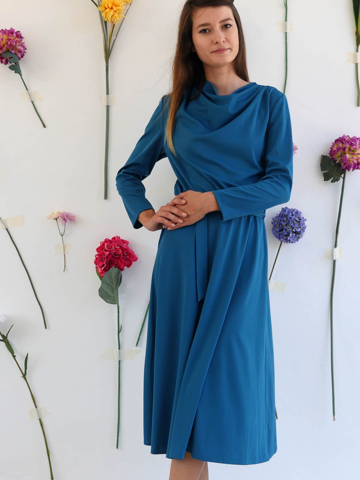 Feminine Blue Dress with Cowl Neckline and Flowy Skirt