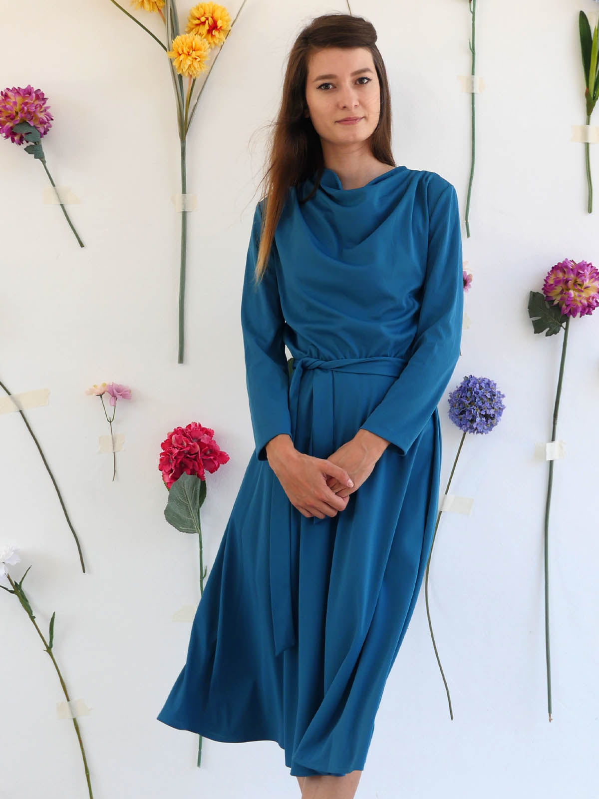 Feminine Blue Dress with Cowl Neckline and Flowy Skirt