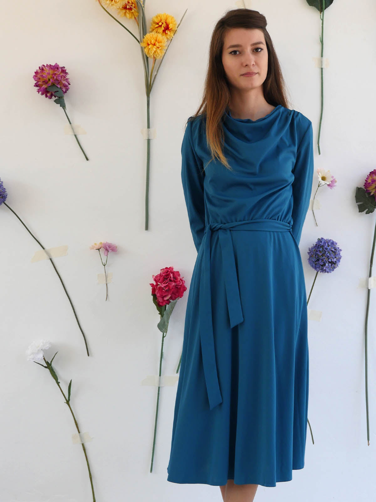 Feminine Blue Dress with Cowl Neckline and Flowy Skirt