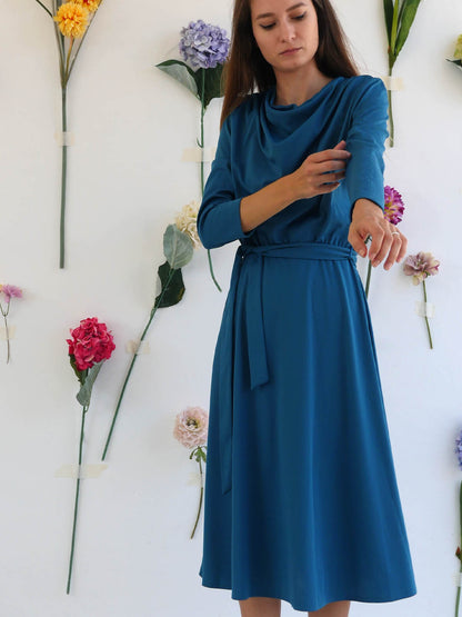 Feminine Blue Dress with Cowl Neckline and Flowy Skirt