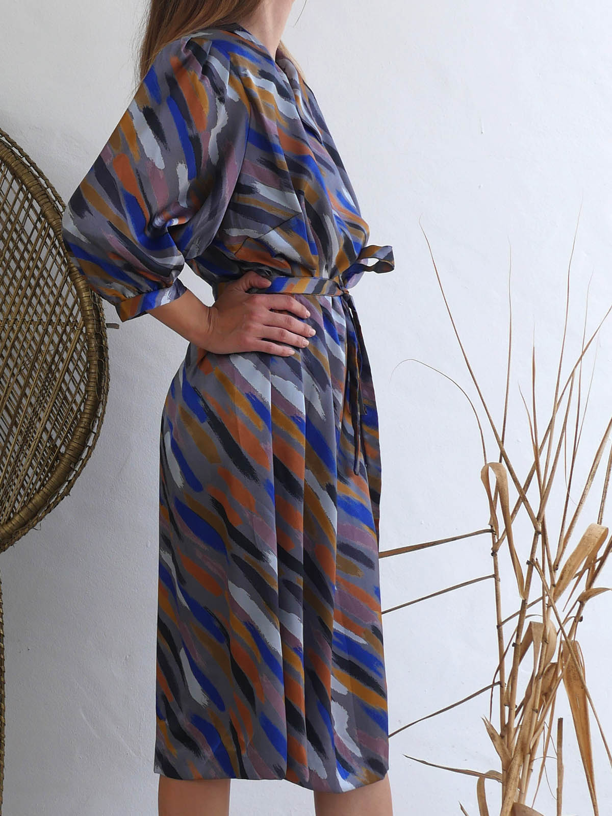 Midi Dress with Abstract Print in Earthy Colors 