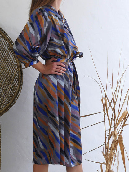 Midi Dress with Abstract Print in Earthy Colors 