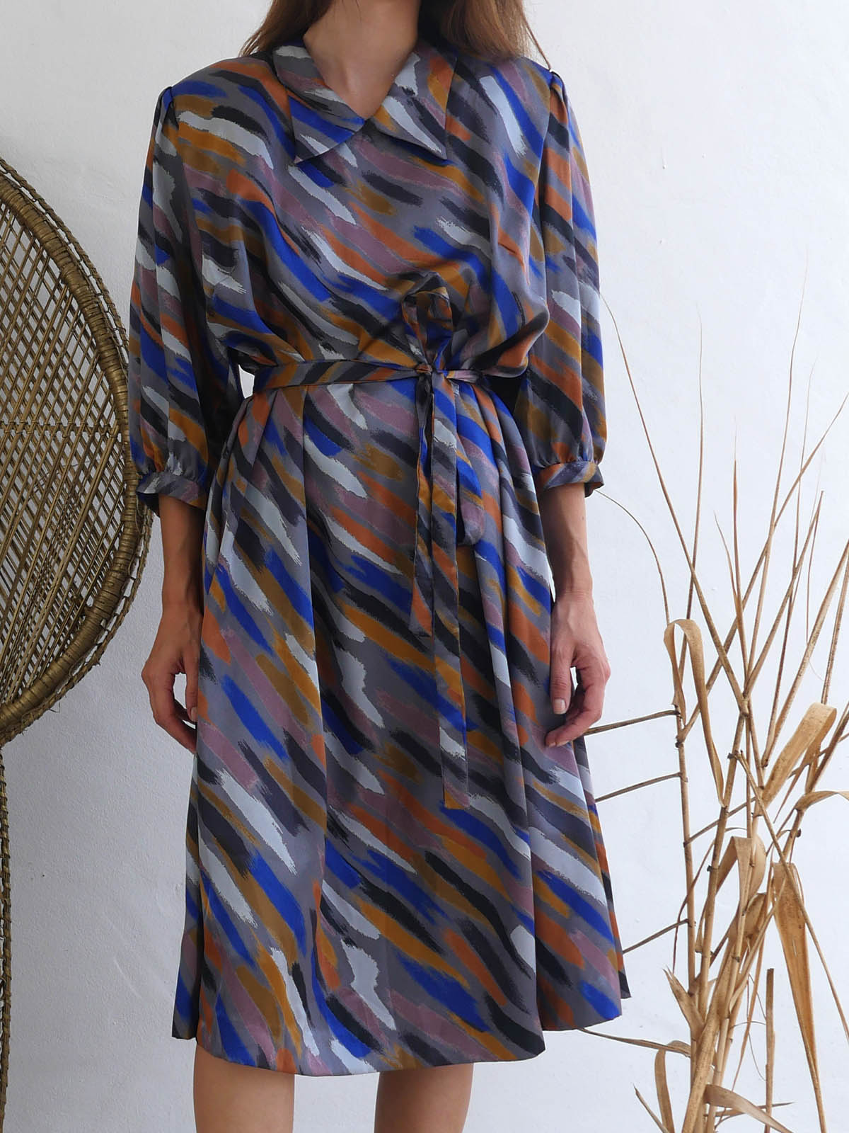 Midi Dress with Abstract Print in Earthy Colors 