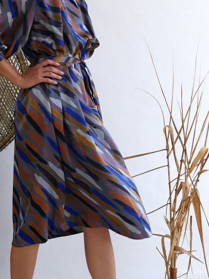 Midi Dress with Abstract Print in Earthy Colors 