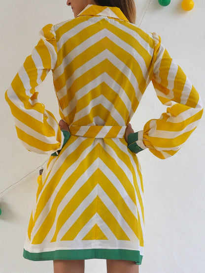 Bright Yellow and White Daniel Hechter Mini Dress with Belt and Green Accents