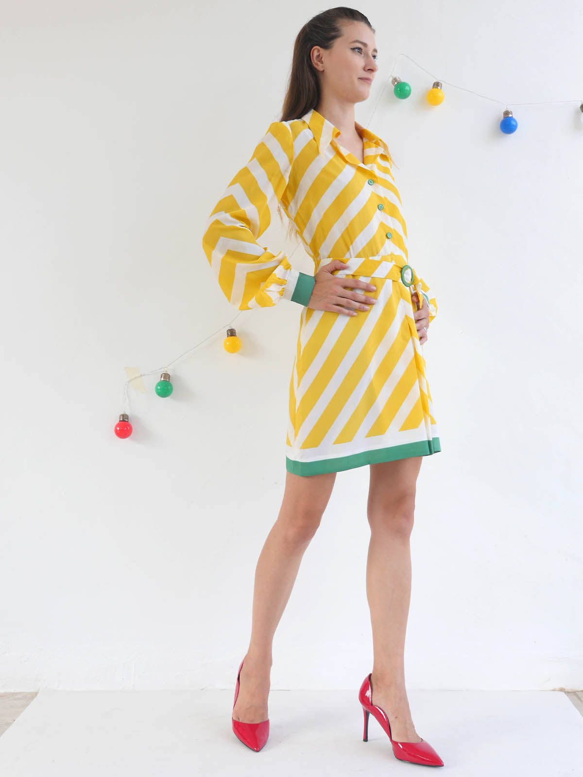 Bright Yellow and White Daniel Hechter Mini Dress with Belt and Green Accents