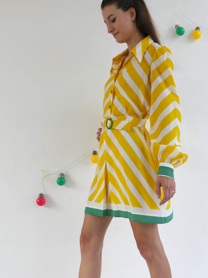 Bright Yellow and White Daniel Hechter Mini Dress with Belt and Green Accents