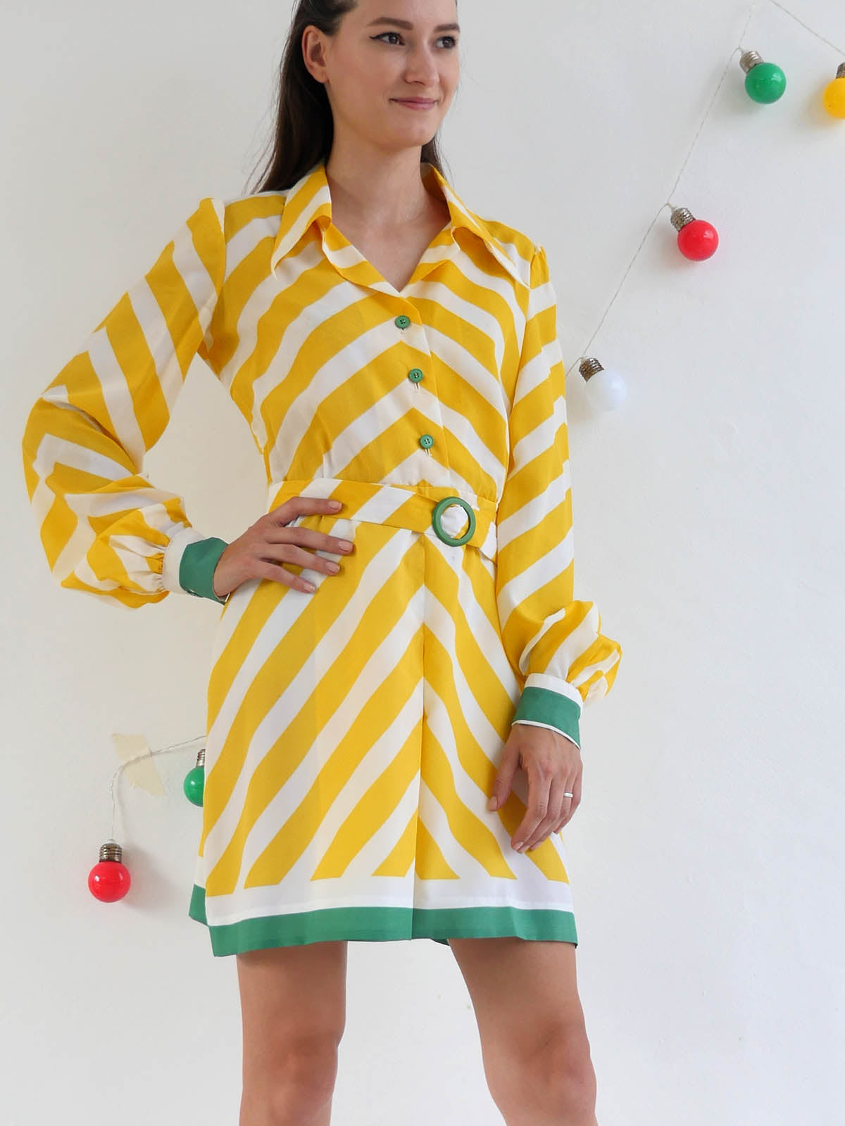 Bright Yellow and White Daniel Hechter Mini Dress with Belt and Green Accents