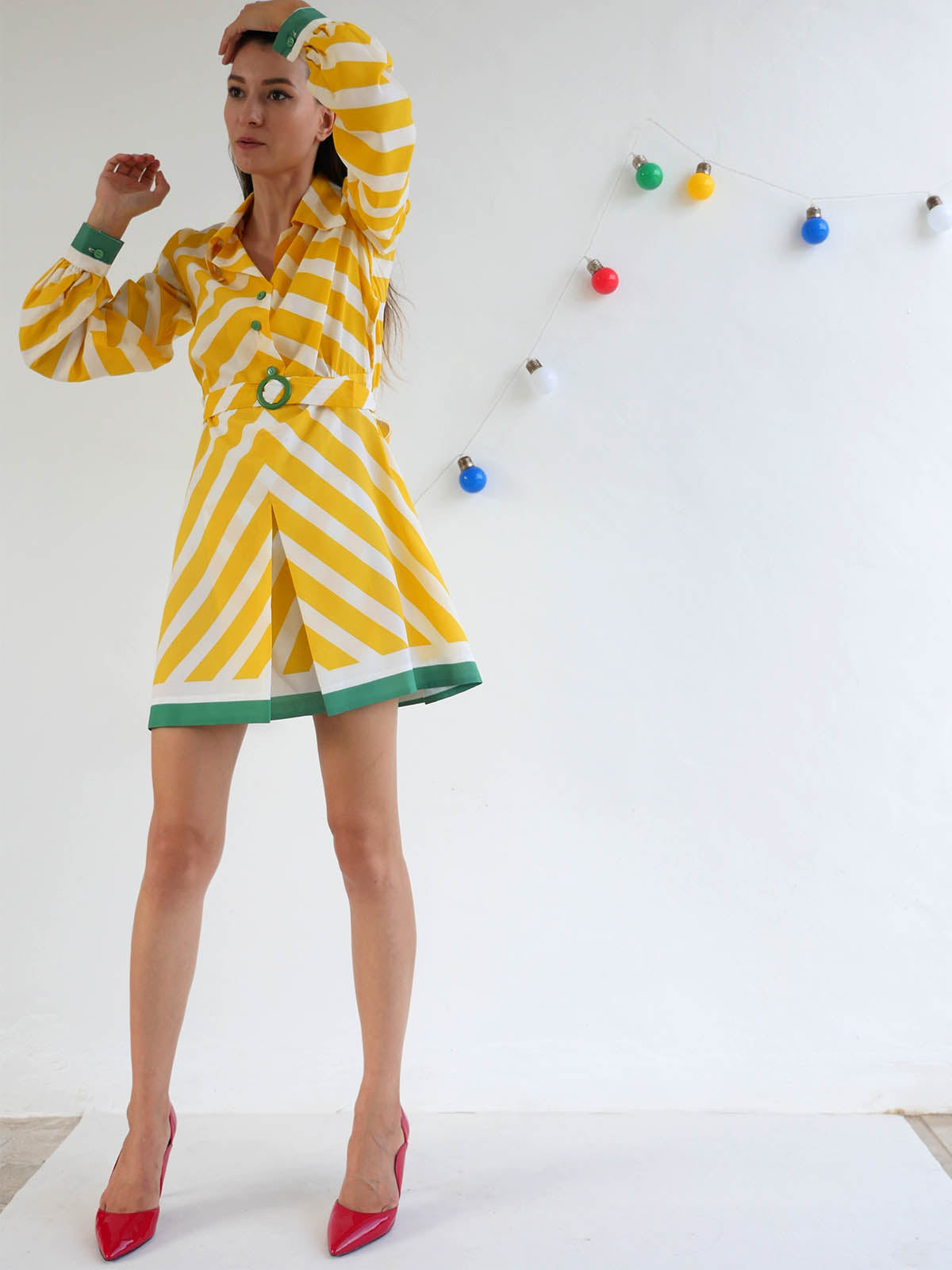 Bright Yellow and White Daniel Hechter Mini Dress with Belt and Green Accents