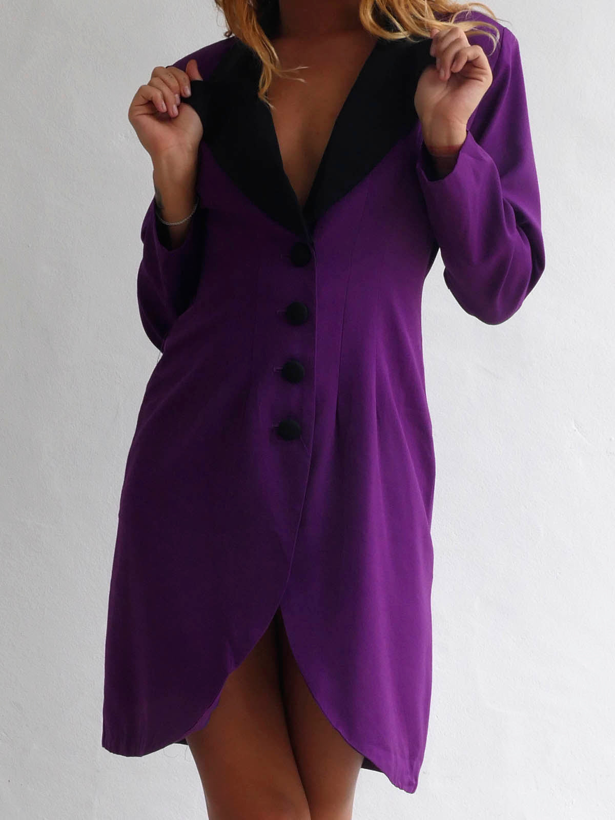 Bright Purple Button Down Dress with Black Lapels