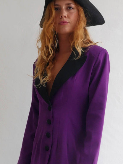 Bright Purple Button Down Dress with Black Lapels