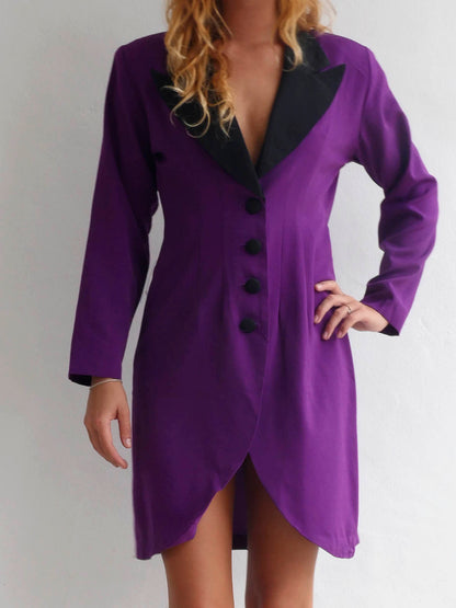 Bright Purple Button Down Dress with Black Lapels