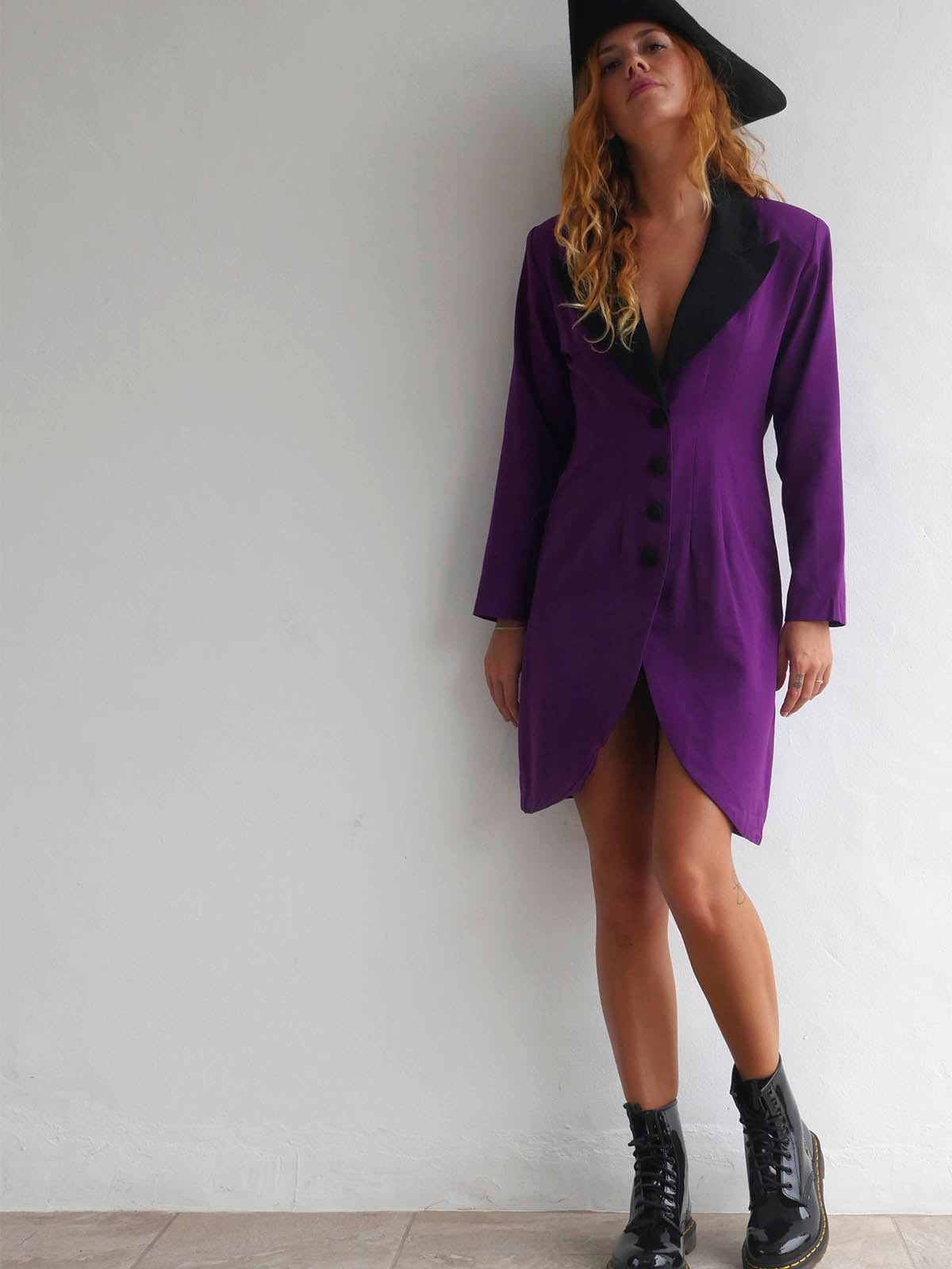 Bright Purple Button Down Dress with Black Lapels