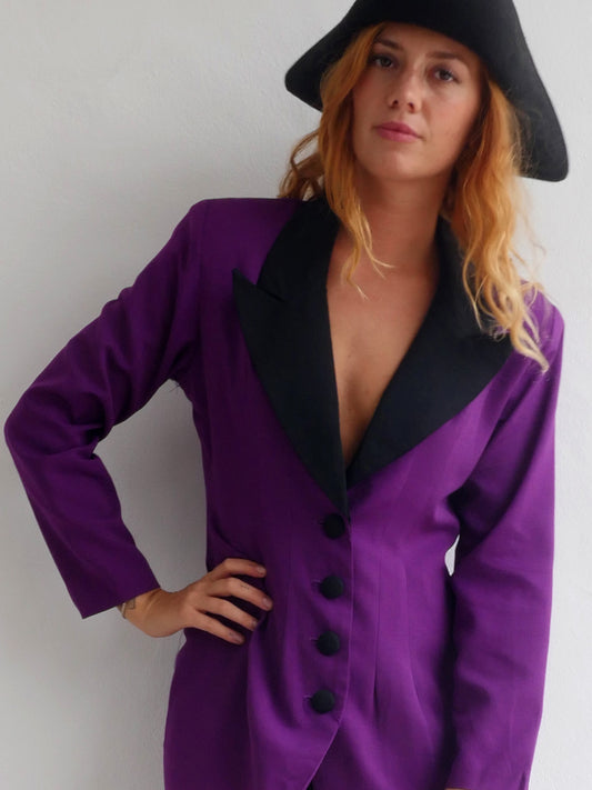 Bright Purple Button Down Dress with Black Lapels