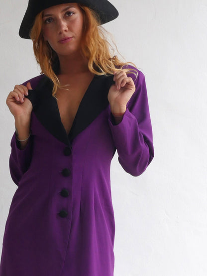 Bright Purple Button Down Dress with Black Lapels