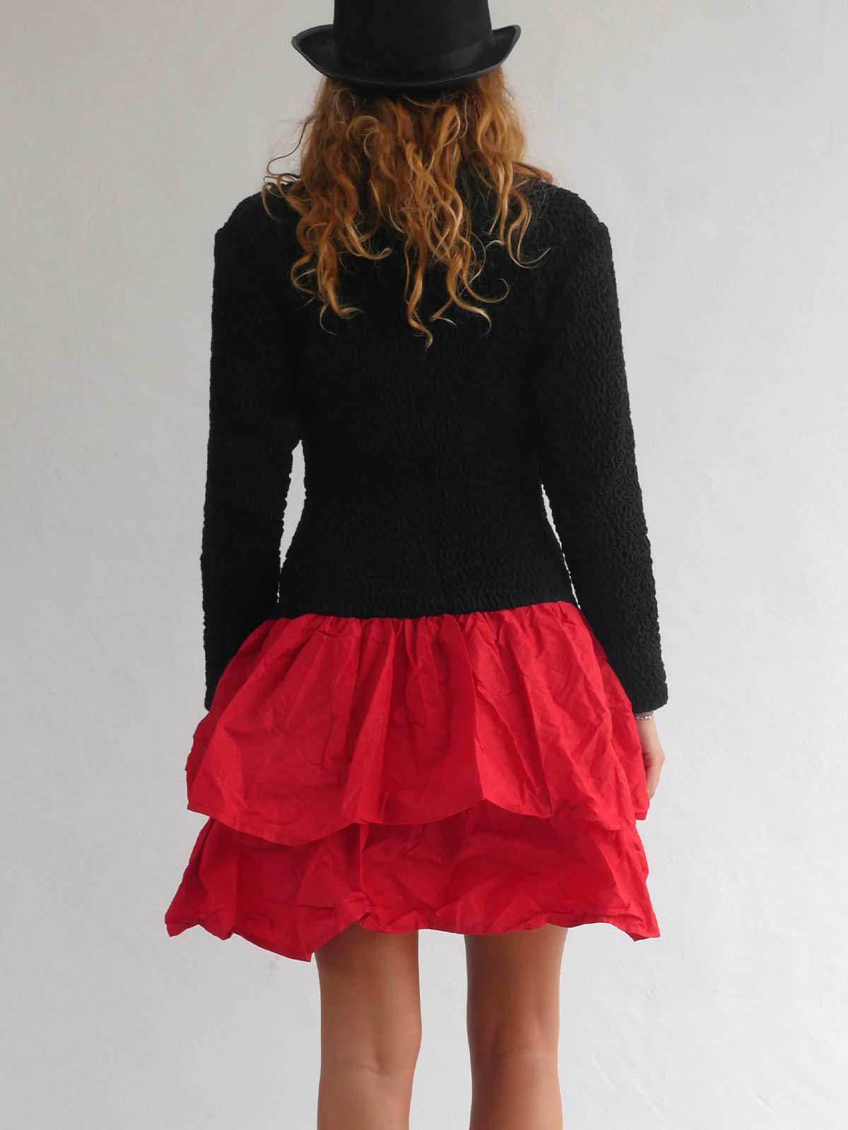 Elastic Black Dress with Bright Red Ruffled Skirt