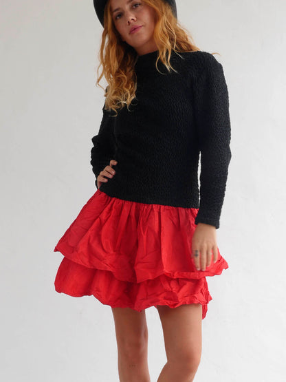 Elastic Black Dress with Bright Red Ruffled Skirt