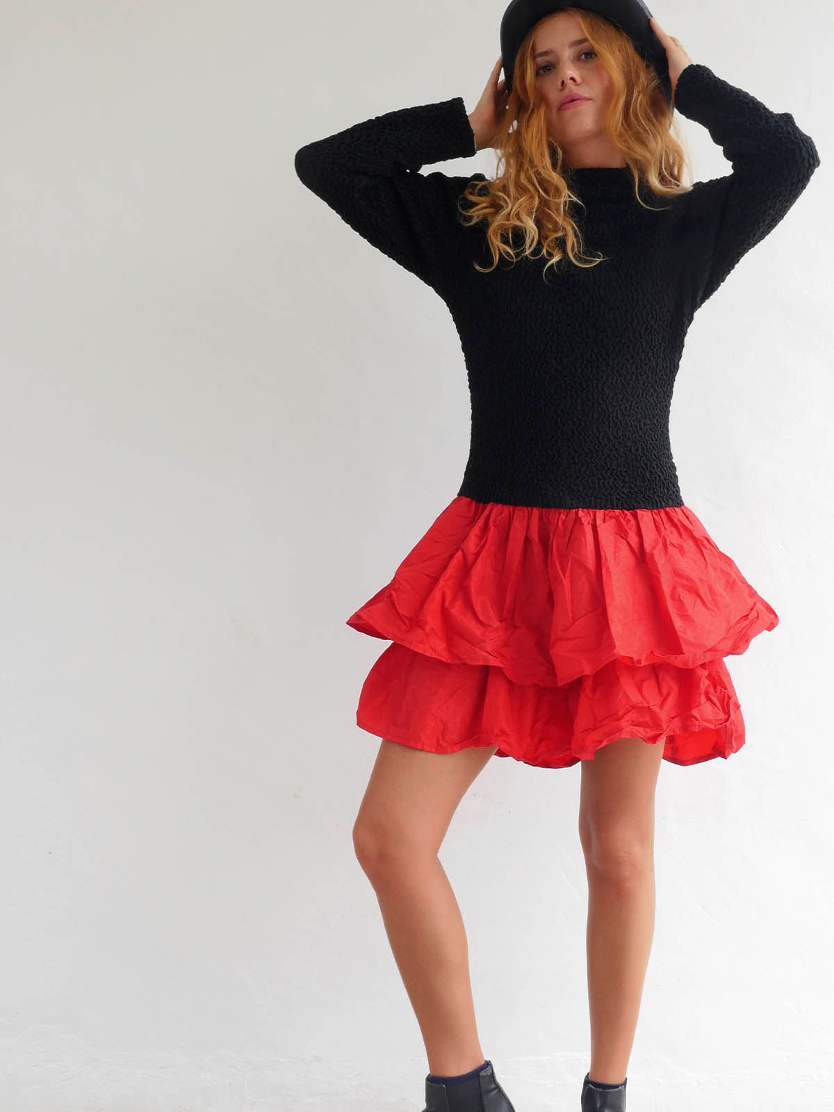 Elastic Black Dress with Bright Red Ruffled Skirt