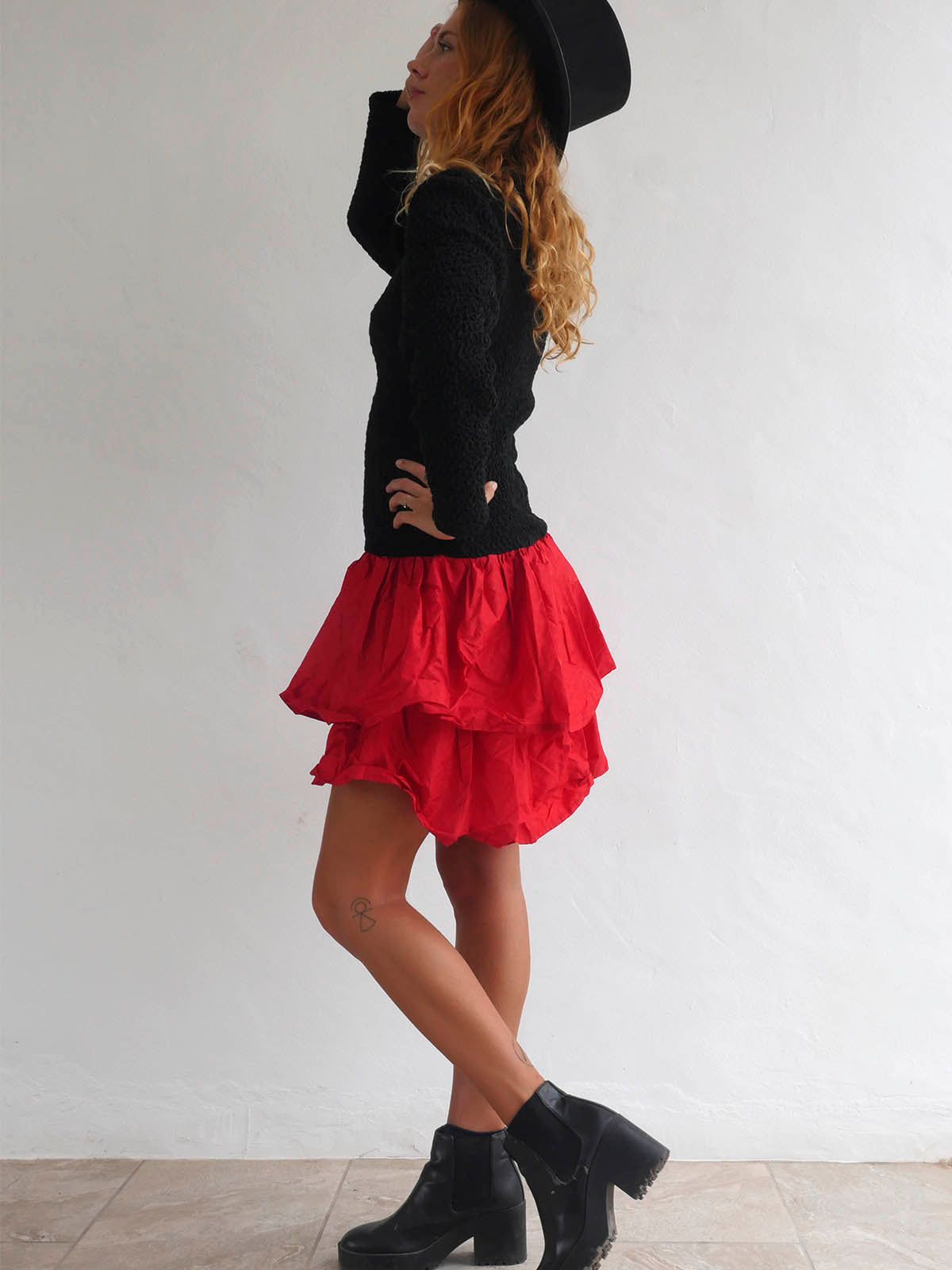 Elastic Black Dress with Bright Red Ruffled Skirt