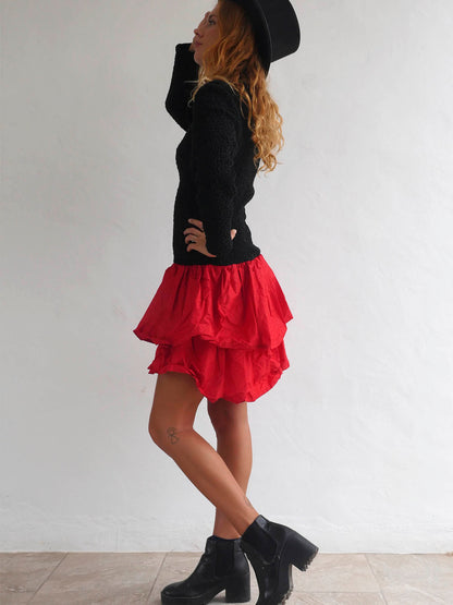 Elastic Black Dress with Bright Red Ruffled Skirt