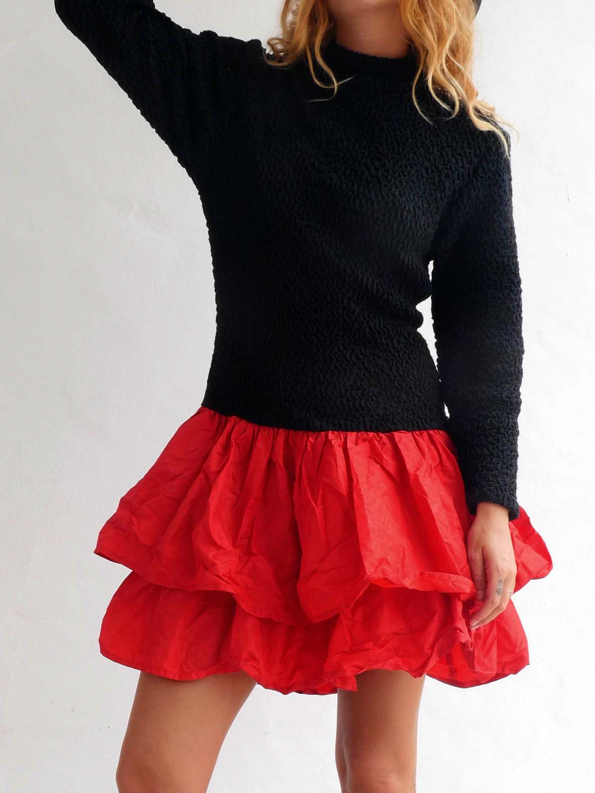 Elastic Black Dress with Bright Red Ruffled Skirt