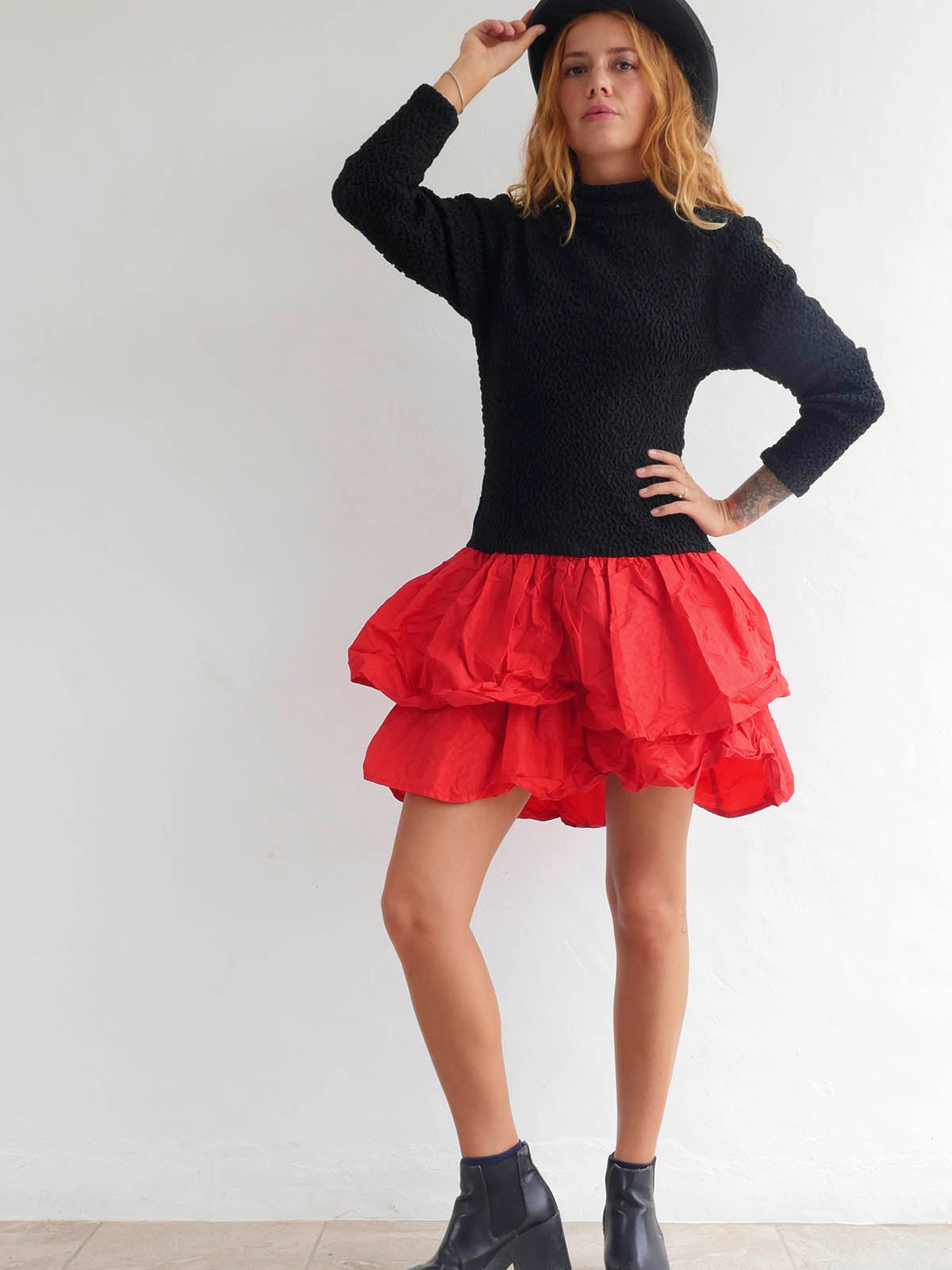 Elastic Black Dress with Bright Red Ruffled Skirt