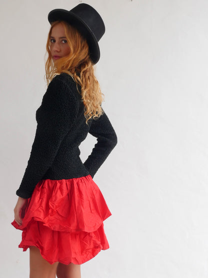 Elastic Black Dress with Bright Red Ruffled Skirt