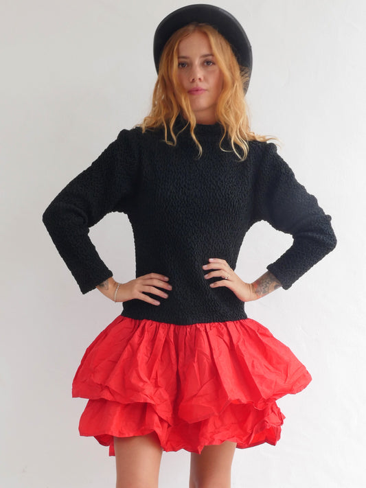 Elastic Black Dress with Bright Red Ruffled Skirt